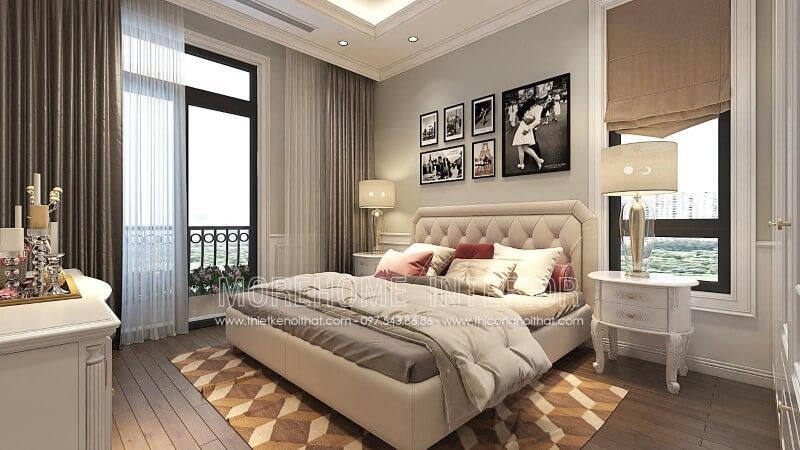 Giường ngủ gỗ tần bì bọc da toàn bộ, phần đầu giường được bọc nút chần tỉ mỉ, chi tiết tạo điểm nhấn lạ mắt cho chiếc giường không quá đơn điệu