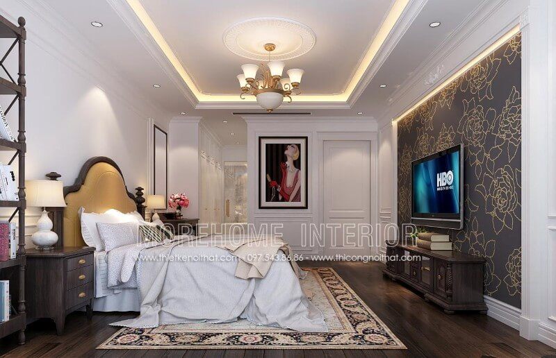 Mẫu giường ngủ chung cư phong cách tân cổ điển, chất liệu gỗ óc chó nâu trầm sang trọng tạo điểm nhấn cho cả không gian